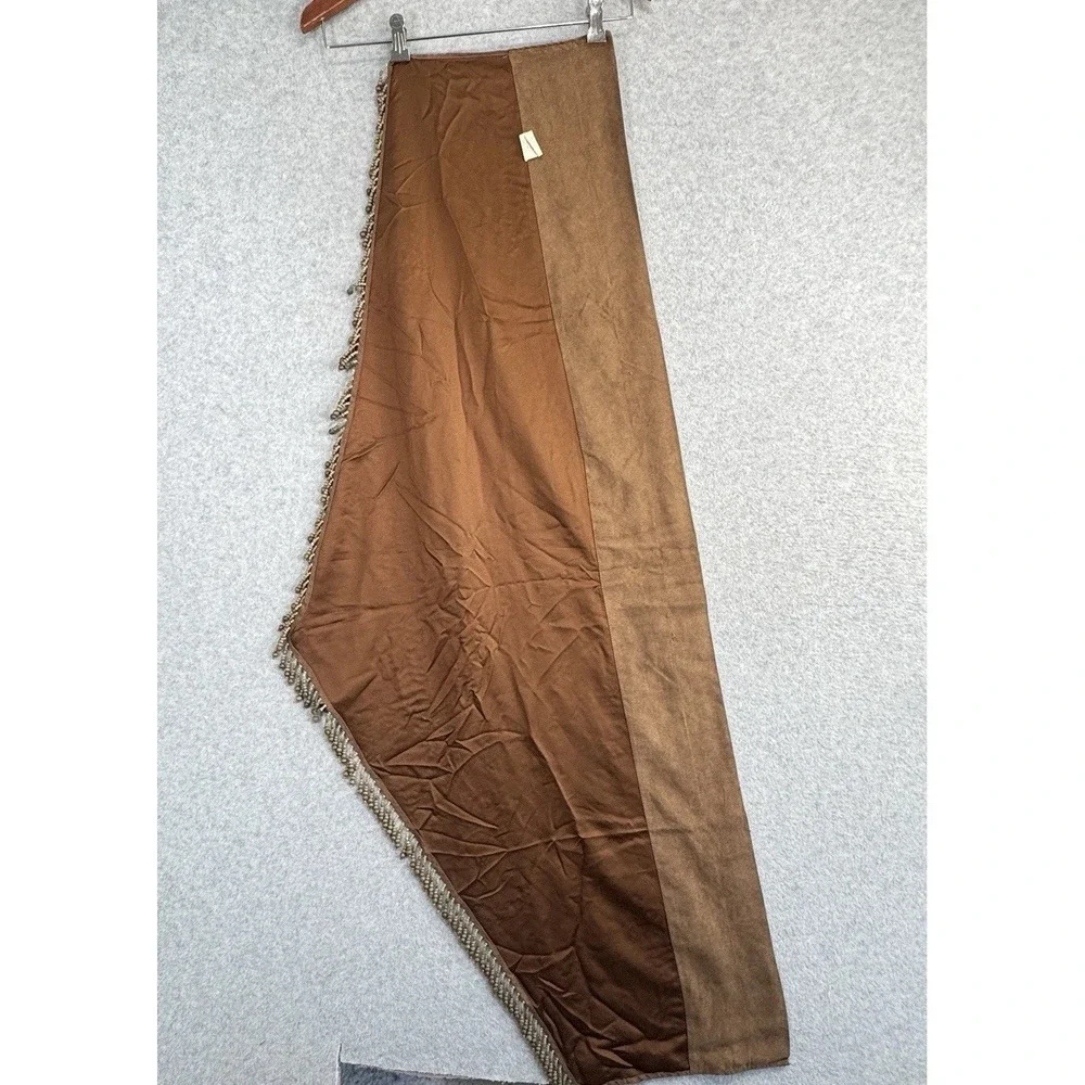 Vintage Faux Suede Beaded Curtain Valance Panels Set of 2 Brown Wood Bead Fringe